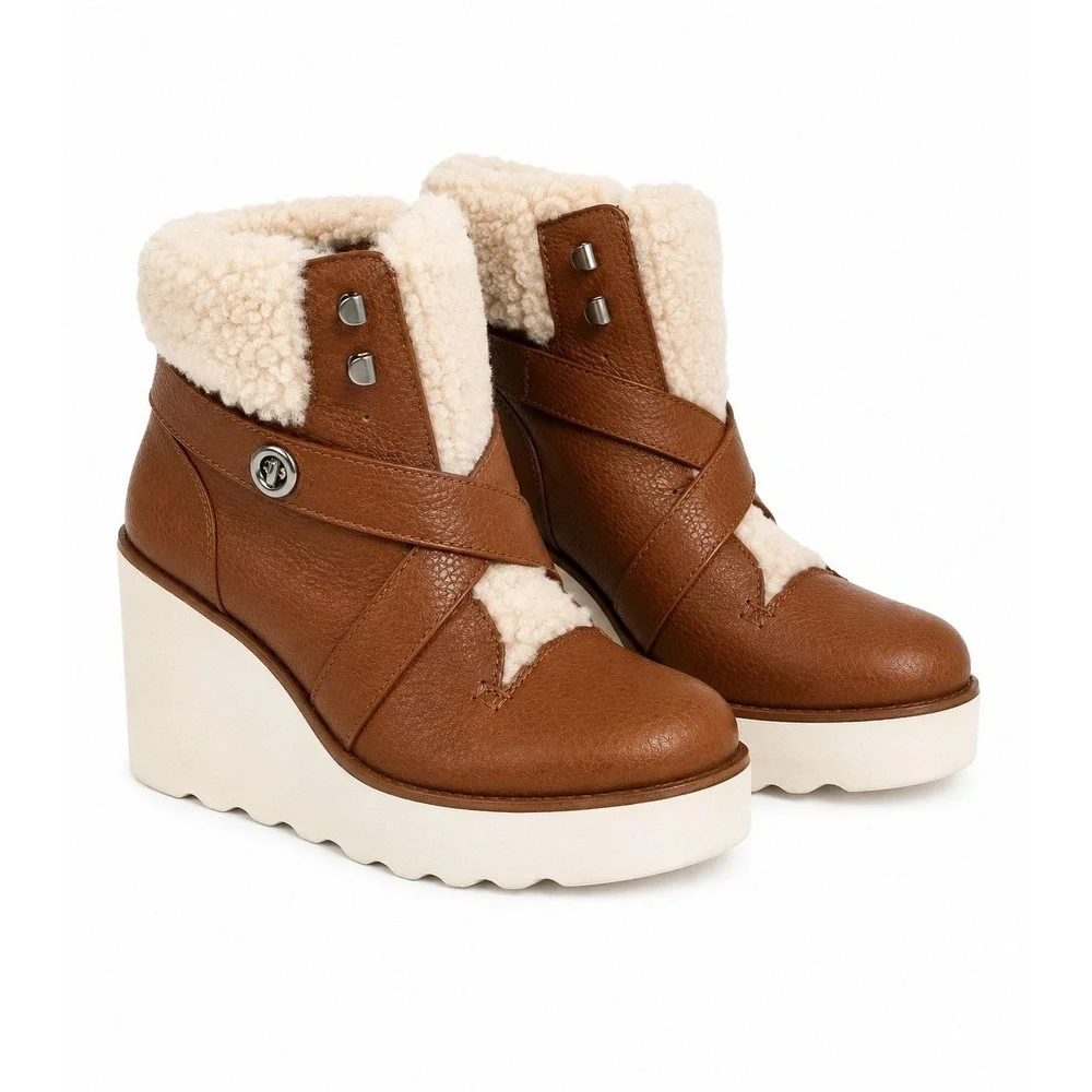 Coach Kenna Leather Shearling Wedge Booties Brown Y2K Size 8B